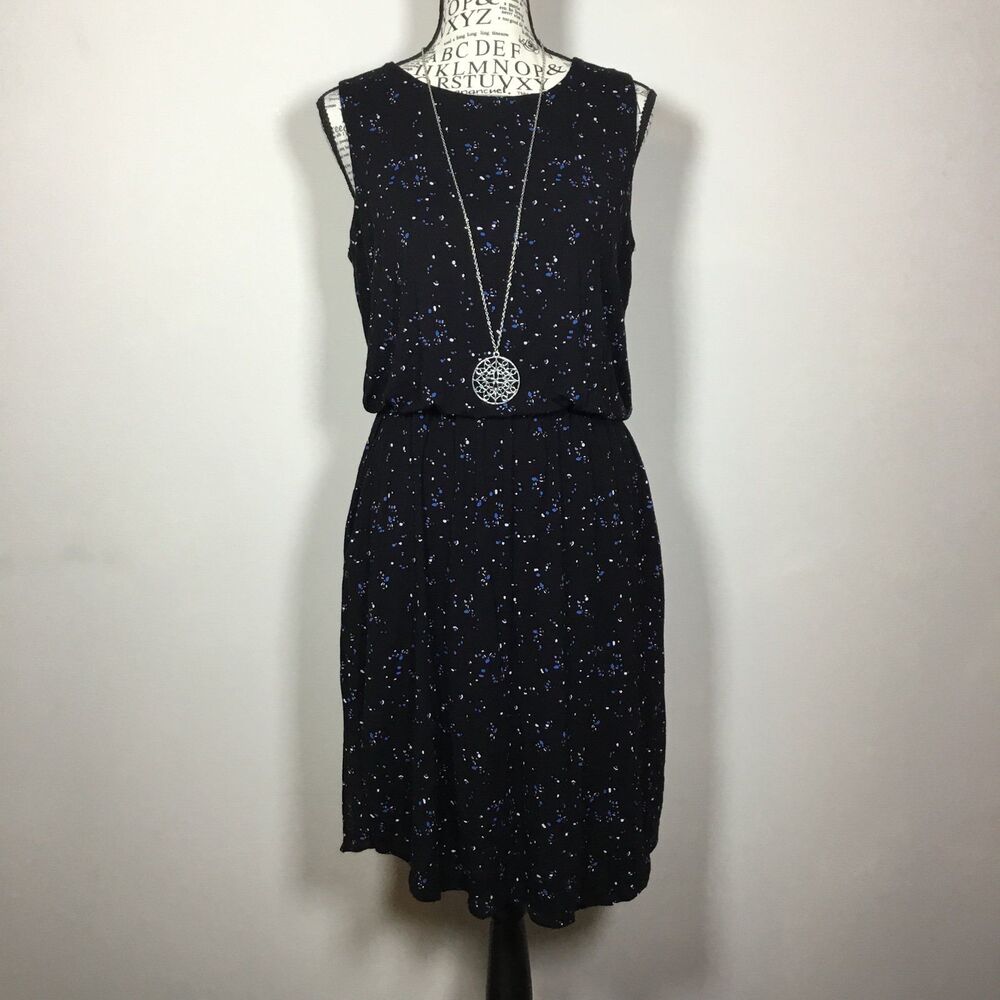 Black stretchy sleeveless dress white blue specks pockets elastic waist PS
